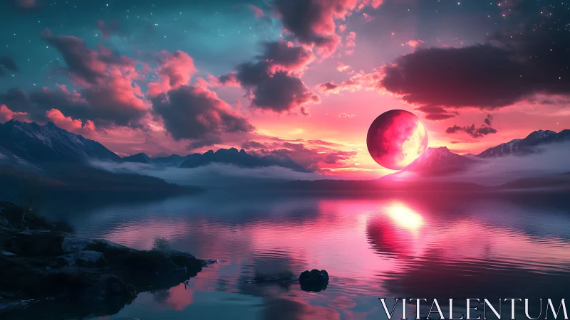 Dreamlike crimson moon rising over tranquil mountain lake.