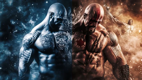 Dual elemental warriors in split-toned cosmic clash portrait.