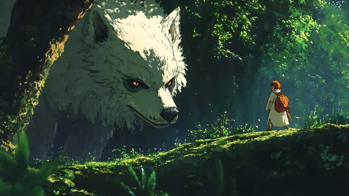 Giant white wolf confronting lone traveler in forest clearing.