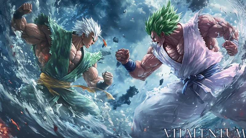 Muscular warriors unleash elemental power in midair clash