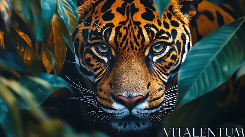 Hyper-detailed jaguar portrait framed by dense tropical foliage