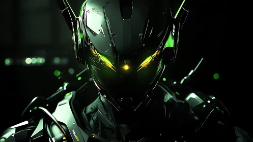 Neon phantom mech stares through the dark with emerald fire.