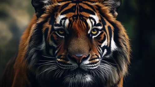 Tiger portrait shows intense gaze with rich fur detail