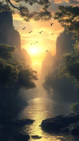 Golden river valley at sunrise with birds over calm water.
