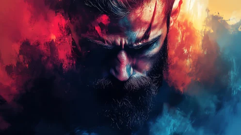 Brooding bearded warrior emerges through molten color storm
