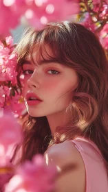 Sunlit portrait framed by vivid pink spring blossoms.