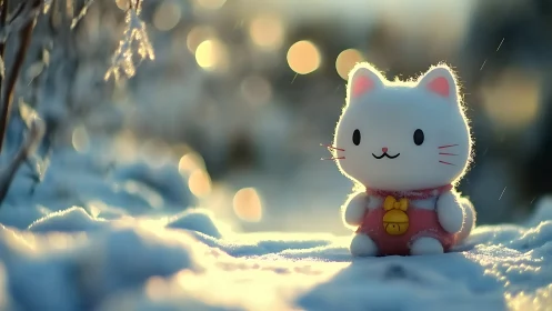 Soft-lit vinyl cat figurine in shallow-depth snowy landscape scene