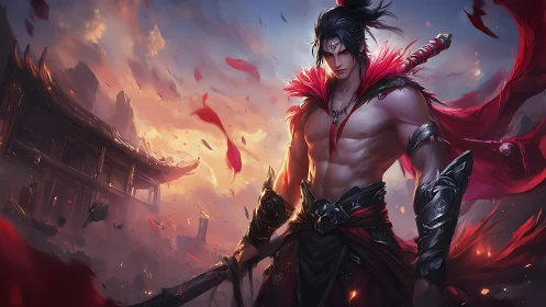 Warrior with crimson cloak in ruined temple battlefield scene.