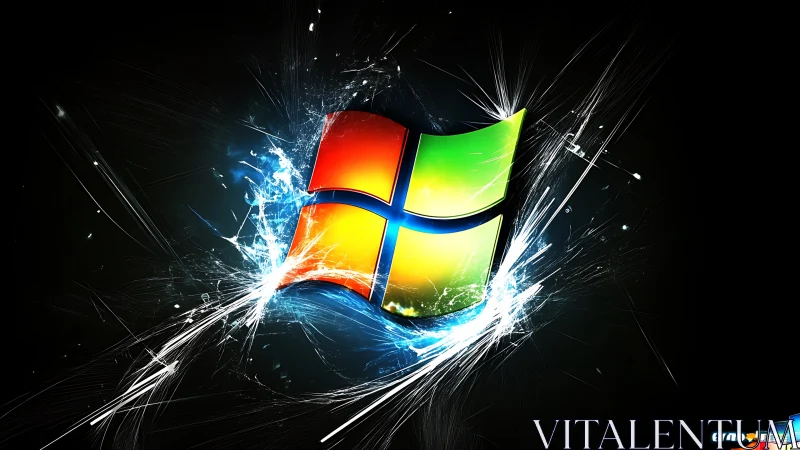 Exploding neon window crest in a storm of digital shards.