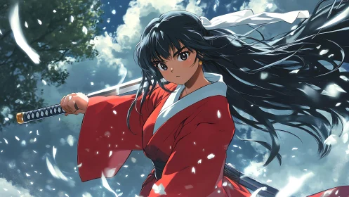 Sword maiden holds her ground beneath storm-tossed skies