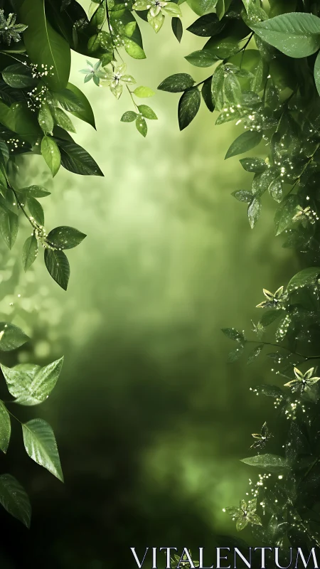 Green foliage frames soft blurred forest light background