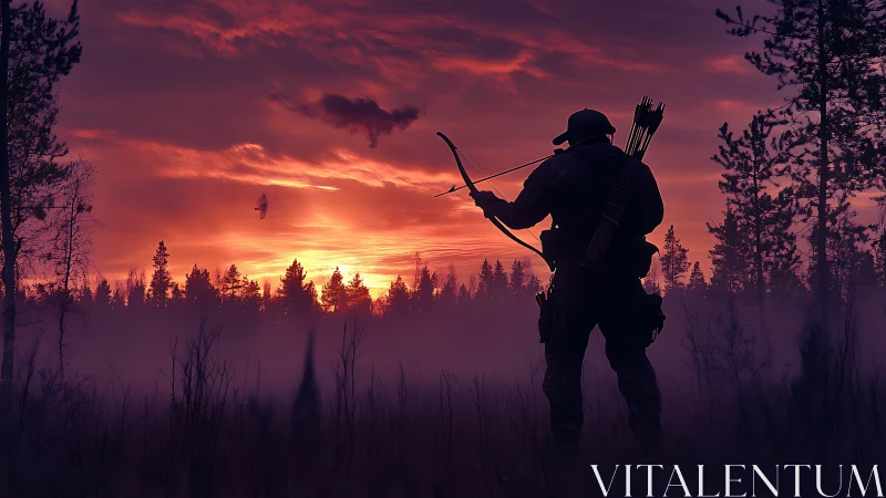 Silhouetted archer in misty forest against vivid sunset sky.