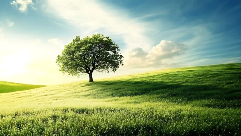 Photorealistic lone tree on sunlit pastoral hillside landscape.