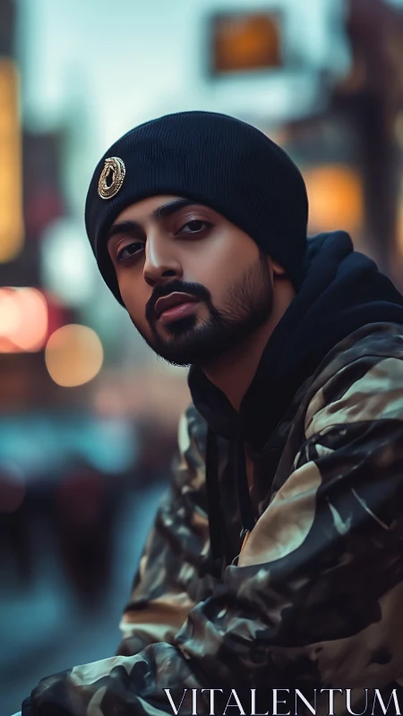 Urban evening portrait shares calm confidence in soft light