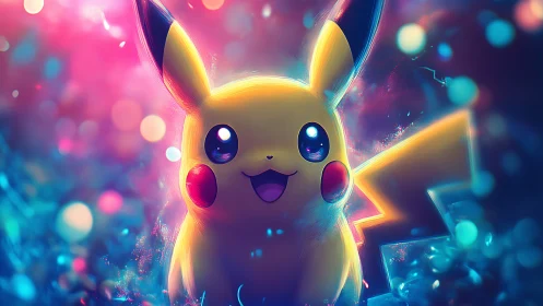 Electric Pikachu glows in neon dreamlike bokeh storm