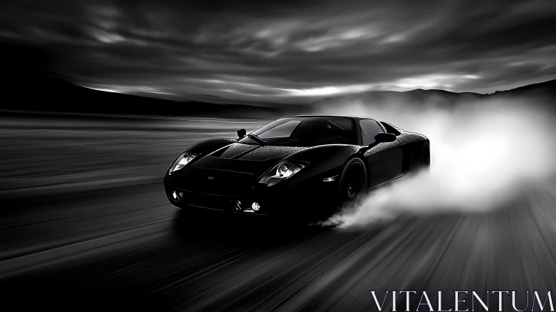 Midnight sports car racing through dramatic smoky curves.