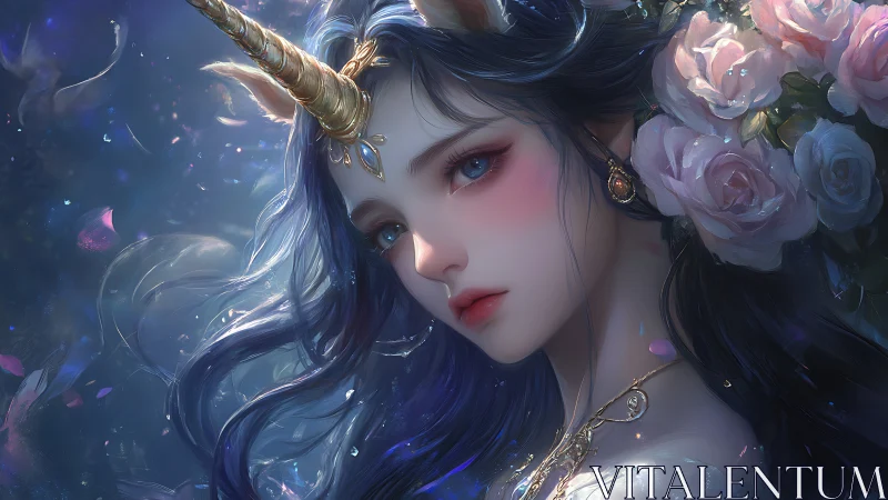Moonlit unicorn maiden wreathed in roses and whispered starlight.