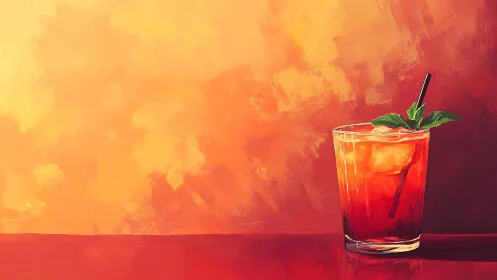 Red beverage with ice and garnish against warm gradient background.