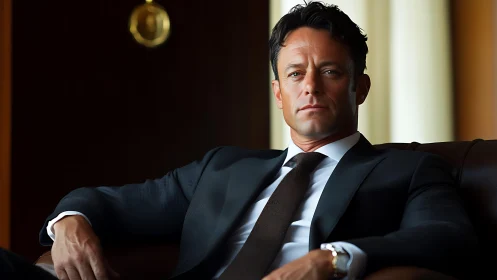 Power-leaning executive studies the room with calm steel