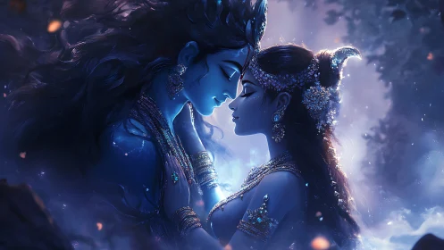 Celestial blue lovers rendered in luminous digital chiaroscuro