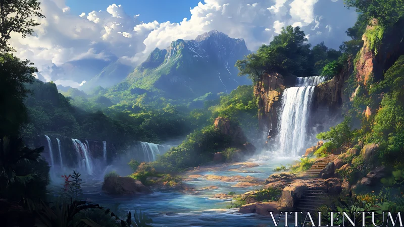 Sunlit terraced waterfalls cascade through lush mountain gorge