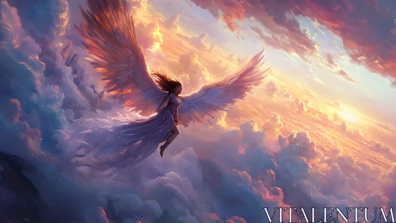 Radiant winged figure traversing volumetric sunset cloudscape.