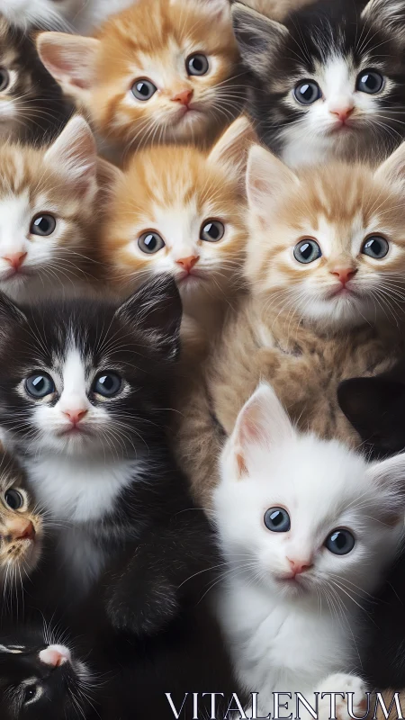Seven Kittens: Multicolored Feline Composition with Striking Ocular Characteristics.