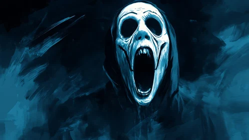 Hooded skull-like figure screams in a blue digital void