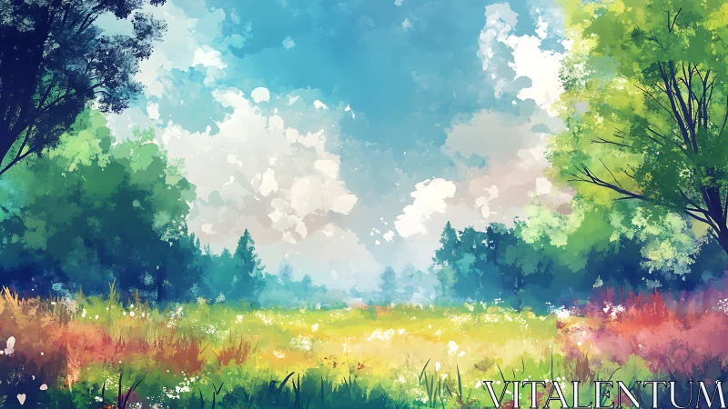 Colorful digital meadow landscape under bright sky.
