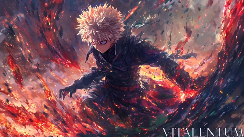 Explosive anime warrior commands blazing vortex of fire.