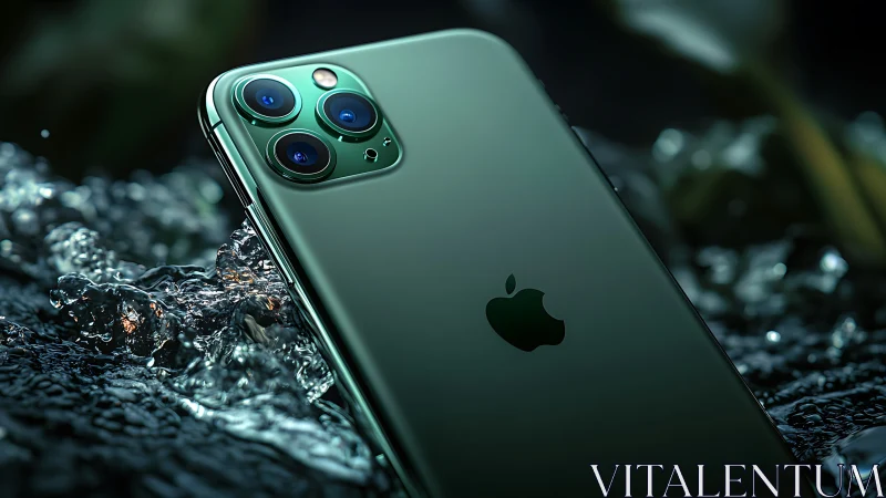 Premium green iPhone Pro submerged in water splash scene