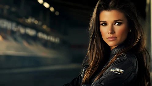 Confident female racer gazes forward in moody pit lane.