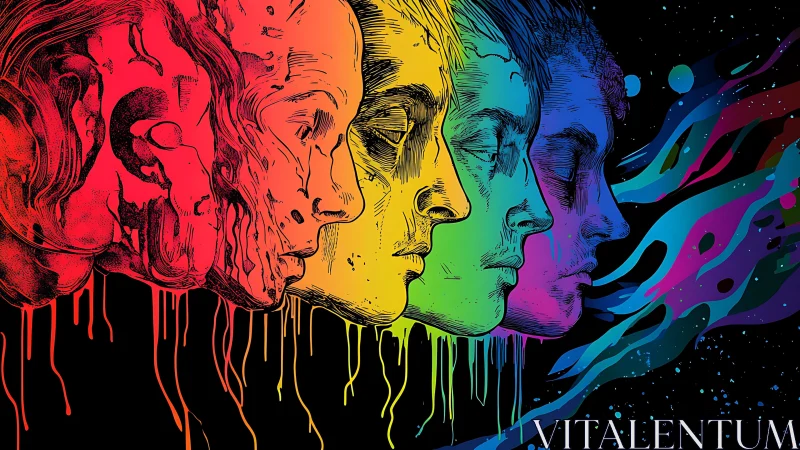 Color spectrum faces dissolve into fluid cosmic stream