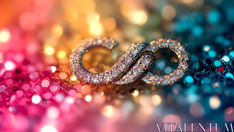 Macro photograph shows jeweled infinity clasp on sequins