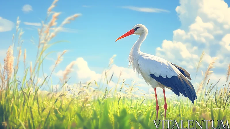 White stork stands in sunlit meadow under bright sky.
