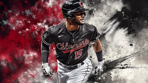 Baseball player in black uniform against abstract backdrop.