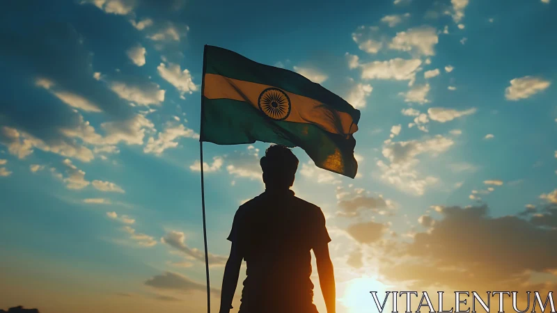 Silhouette of person holding Indian flag against evening sky