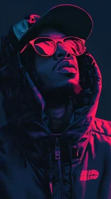 Neon-lit urban portrait isolates subject in duotone gradients