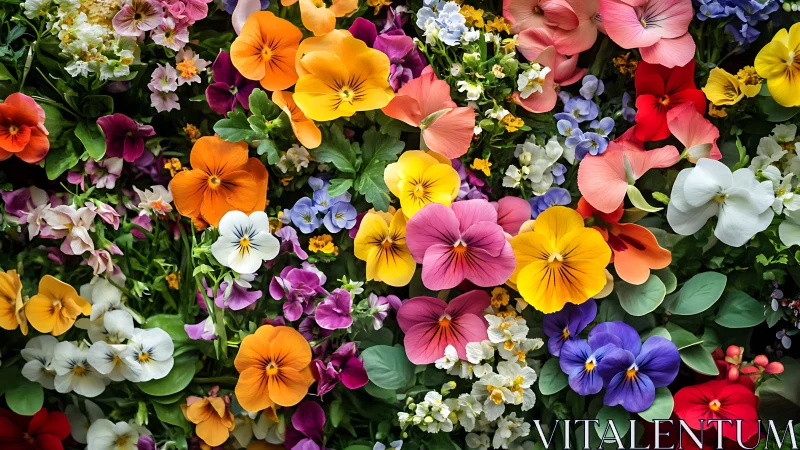Floral arrangement displaying multiple pansy and primrose cultivars