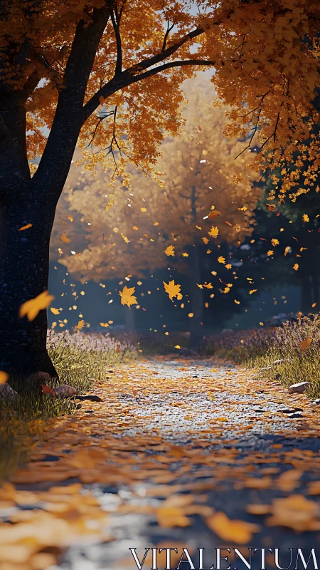 Golden autumn leaves swirl gently along a quiet forest path