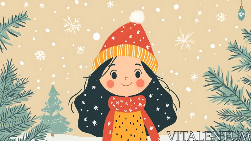 Smiling girl in red winter hat stands amid falling snow