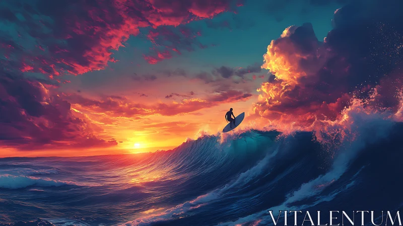 Digital painting of surfer cresting wave under radiant sunset sky.