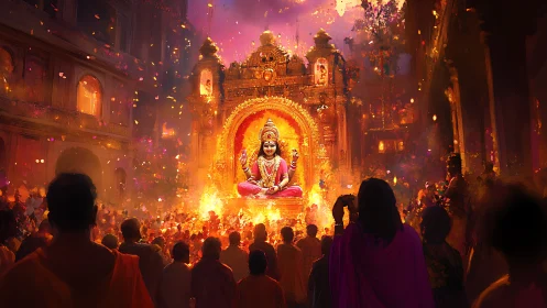 Luminous festival procession with radiant goddess iconography.