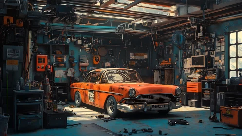 Rusty classic car sits centered in cluttered mechanic workshop