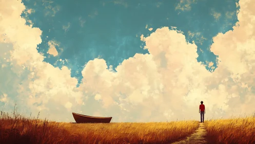 Lonely dreamer walks the dry sea toward a waiting boat