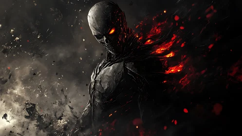 Fierce molten warrior emerges from swirling shadow and flame