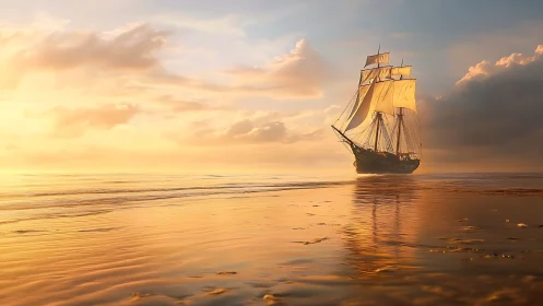 Sunlit Tall Ship Gliding Across a Glassy Golden Shoreline.