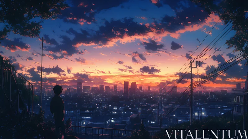 Urban skyline with silhouetted figure during sunset period.