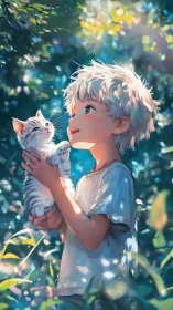 Backlit blonde child holding kitten in lush sunlit forest