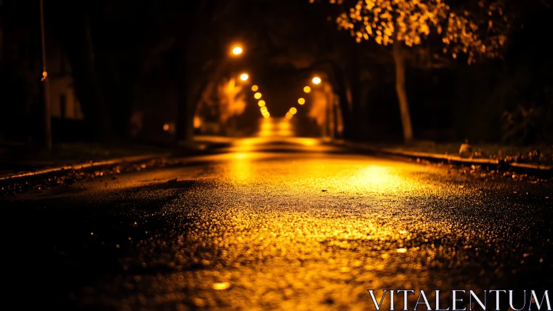 Wet asphalt at night reflects a receding row of streetlights